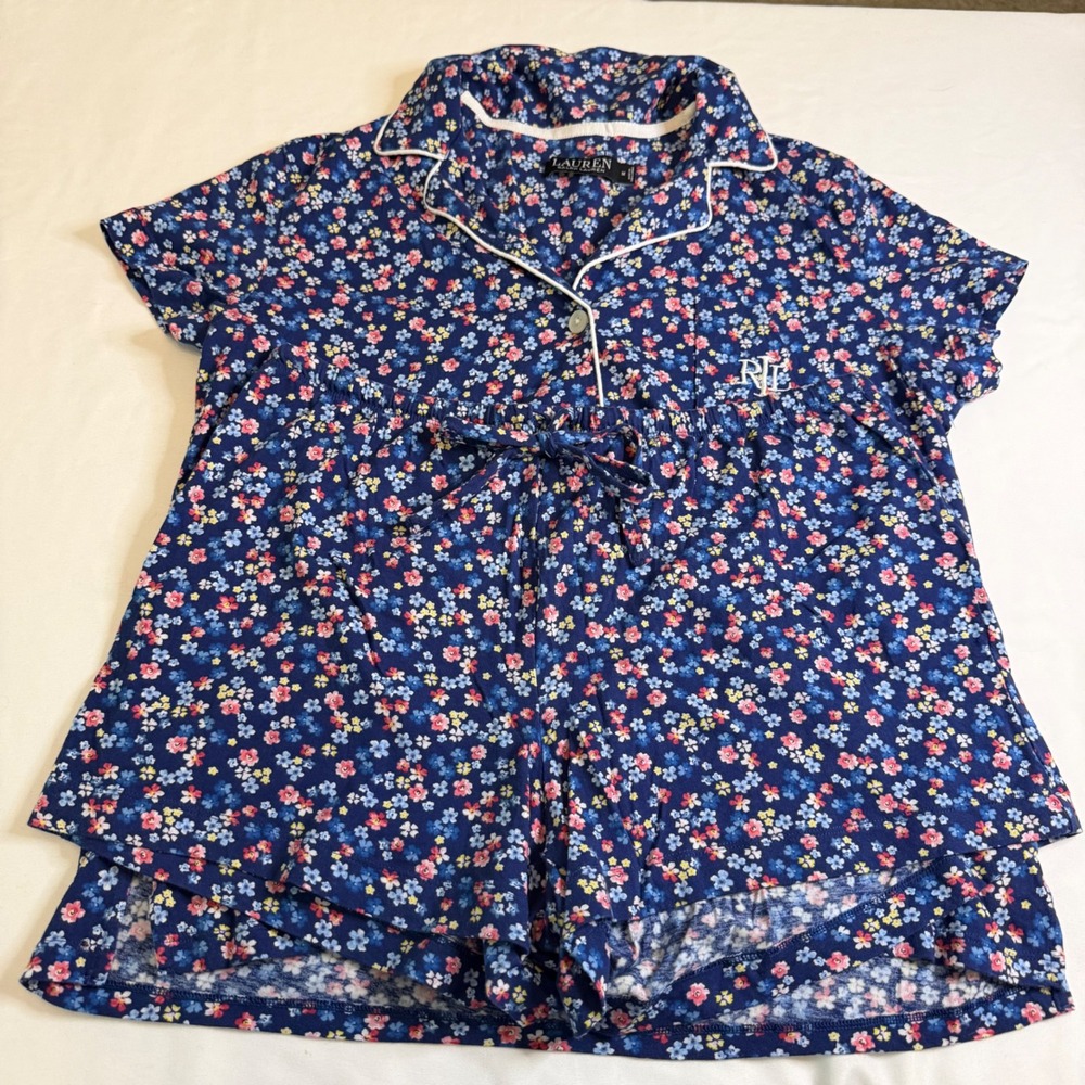 Lauren Ralph Lauren Floral Pajama Set Blue Pink Short Sleeve Shorts 2 Piece M